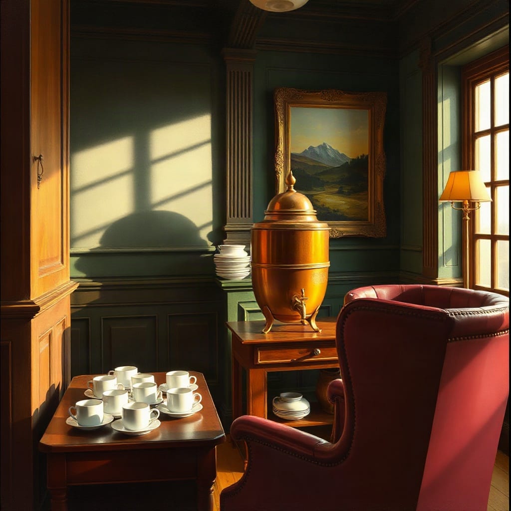 A painting of a copper tea urn with a brass tap on a small mahogany table, white cups and saucers set out on another, an oxblood leather wing chair, and late-afternoon sun from a tall window across green panelling and a gilt-framed mountain landscape