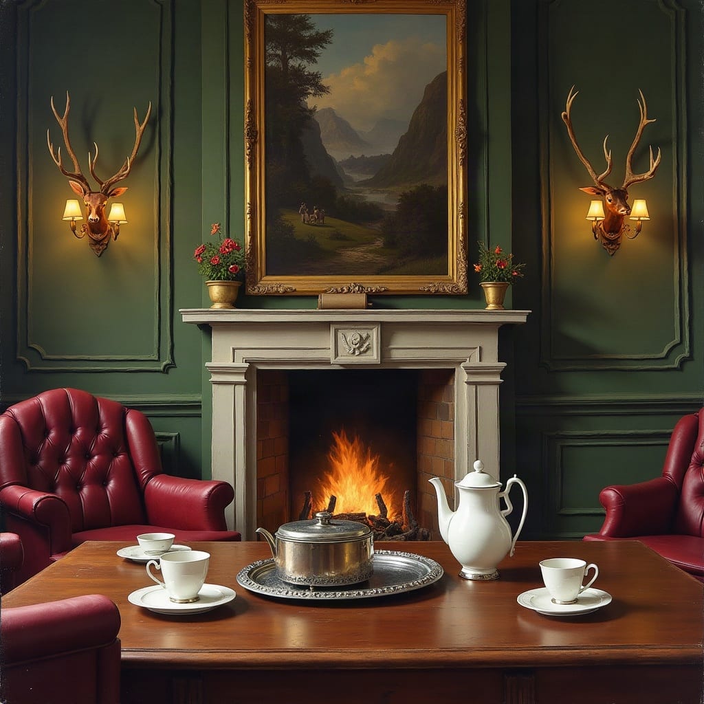 A painting of a country-house hall: a tea tray on a mahogany table, oxblood leather armchairs, a fire in a pale stone fireplace, and stag's antlers either side of a landscape