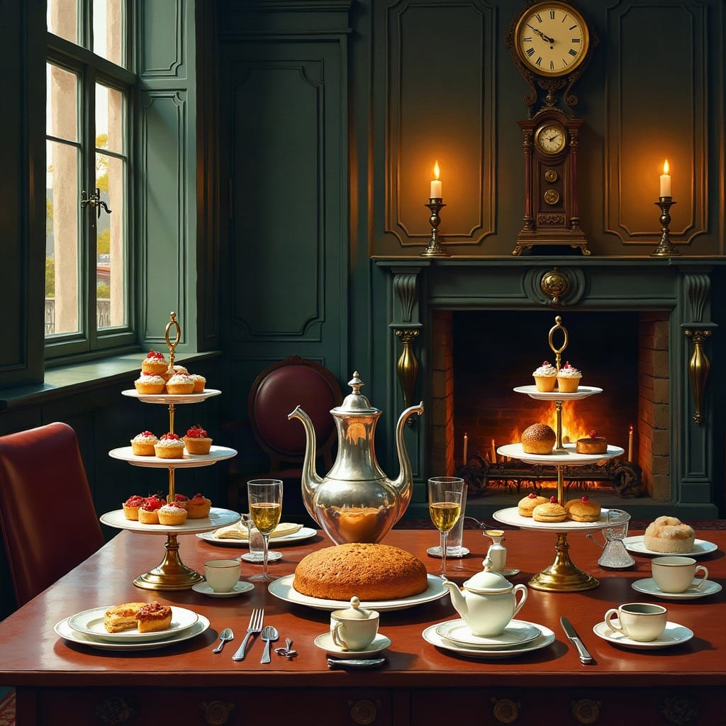 A painting of a firelit country-house table laid with two tiered stands of small cakes, a large round bake, a silver teapot and china cups, a clock and candles on the chimneypiece behind