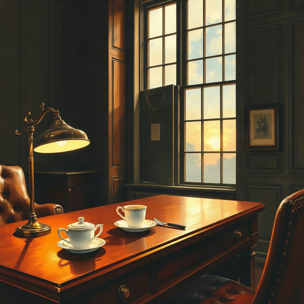 A painting of a cup of golden tea and a small lidded pot on a long mahogany desk under a brass lamp, a tall window with the sun coming up behind