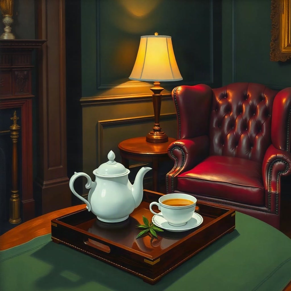 A painting of a white teapot and a cup of pale golden tea on a wooden tray with a sprig of tea leaves, on a green baize table beside an oxblood leather wing chair