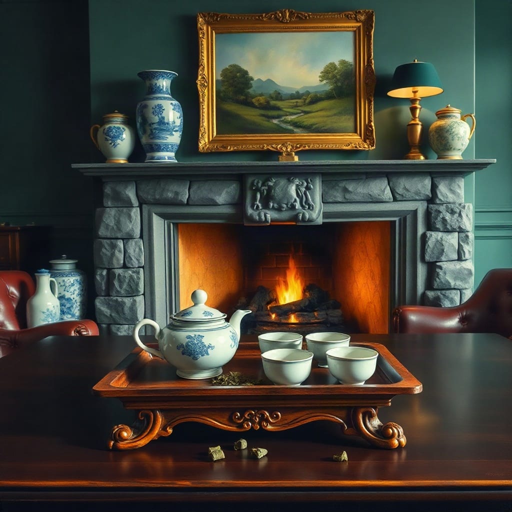 A painting of a blue-and-white teapot and four small cups on a carved wooden tray, rolled tea leaves on the table, before a stone fireplace with porcelain vases and a gilt-framed landscape