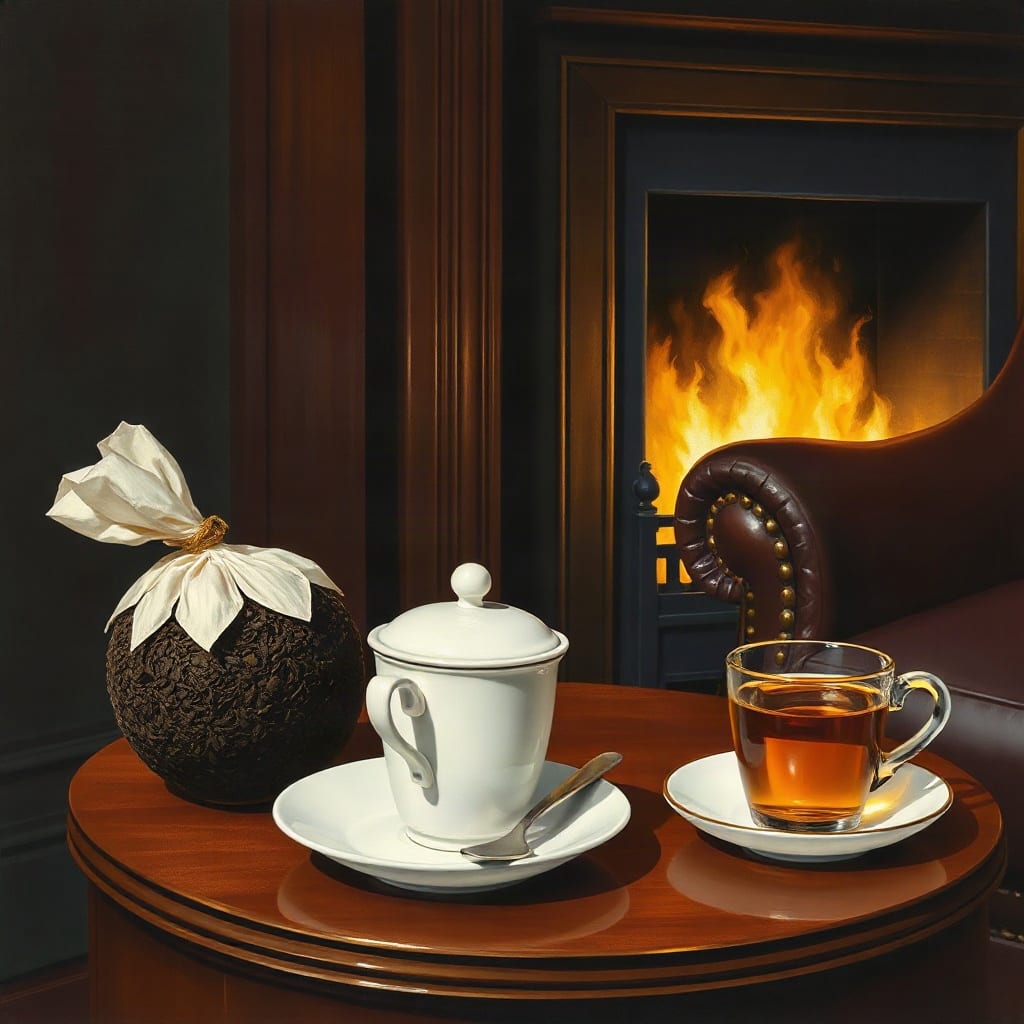 A painting of a dark ball of pressed tea, its white wrapper opened like petals and twisted at the top with a gold tie, beside a white lidded cup and a glass cup of amber tea on a round mahogany table, a fire and an oxblood leather chair behind