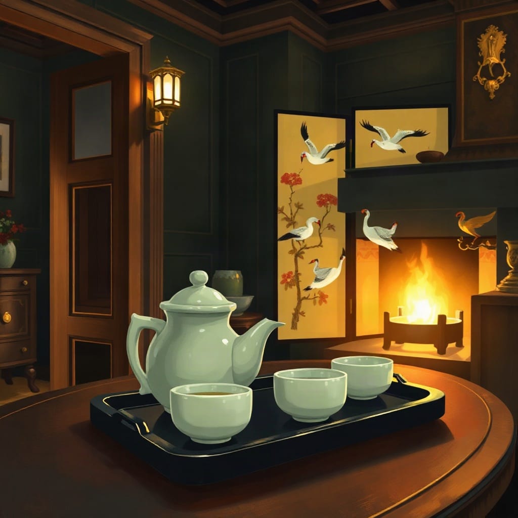 A painting of a pale green teapot and three small cups on a black lacquer tray, a folding screen painted with cranes and a fire behind