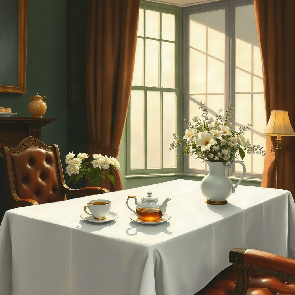 A painting of a cup of pale tea and a small glass teapot on a white tablecloth, a jug of white flowers and a tall window in daylight behind