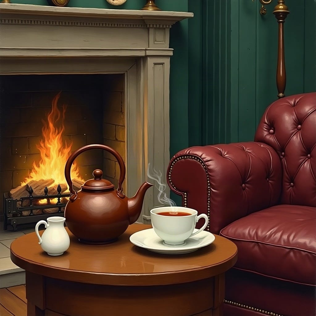 A painting of a brown teapot, a cup of tea and a milk jug on a round mahogany table, between a fire burning in the grate and an oxblood leather chesterfield