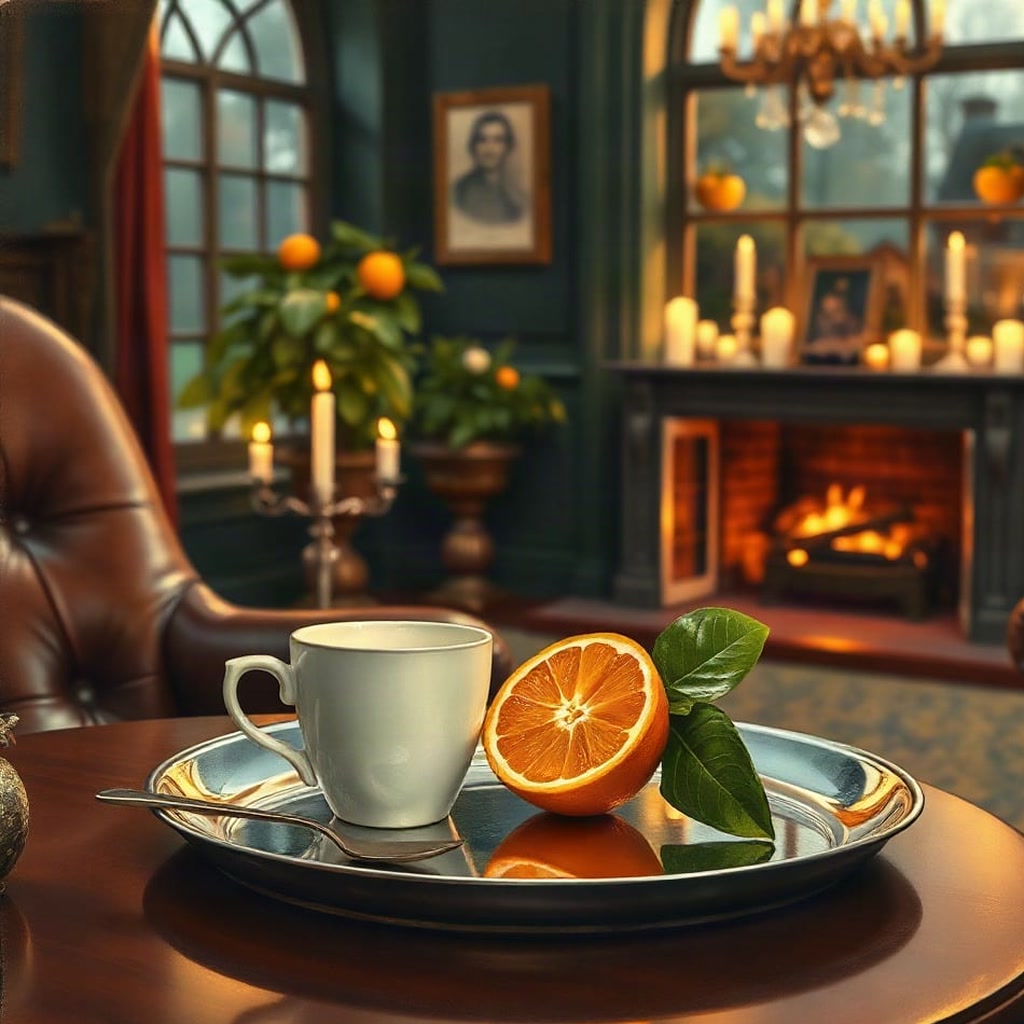 A painting of a white cup of tea beside a halved orange and two glossy leaves on a silver tray, with potted orange trees, candles and a fire in the room behind
